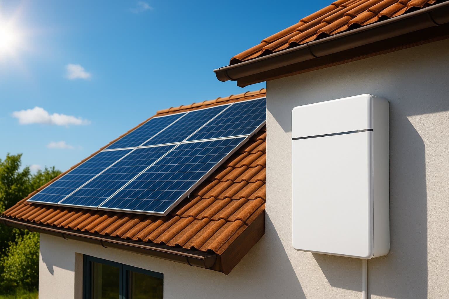 Une batterie solaire est adossée à un mur, avec en arrière plan des panneaux solaires sur un toit