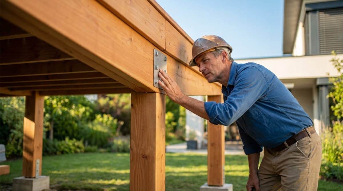 Un professionnel vérifie l'installation d'une terrasse en bois montée sur pilotis