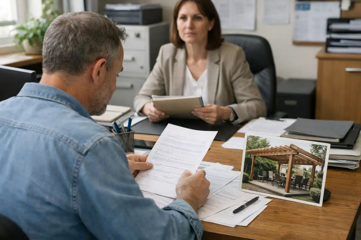 Homme signant des documents en présence d'une conseillère