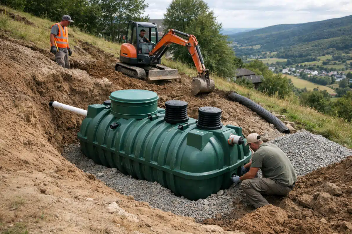 Installation d'une fosse septique en plastique vert
