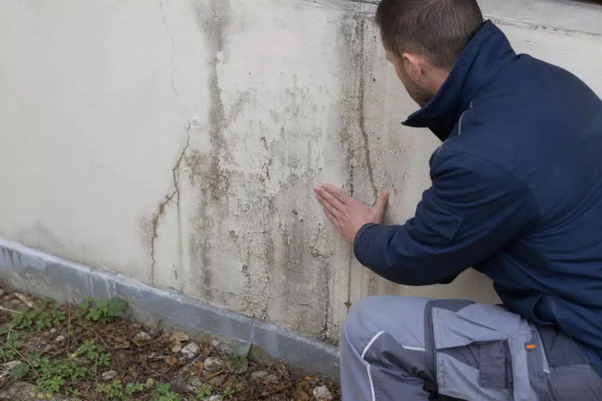 Homme inspectant un mur humide tâché de moisissure