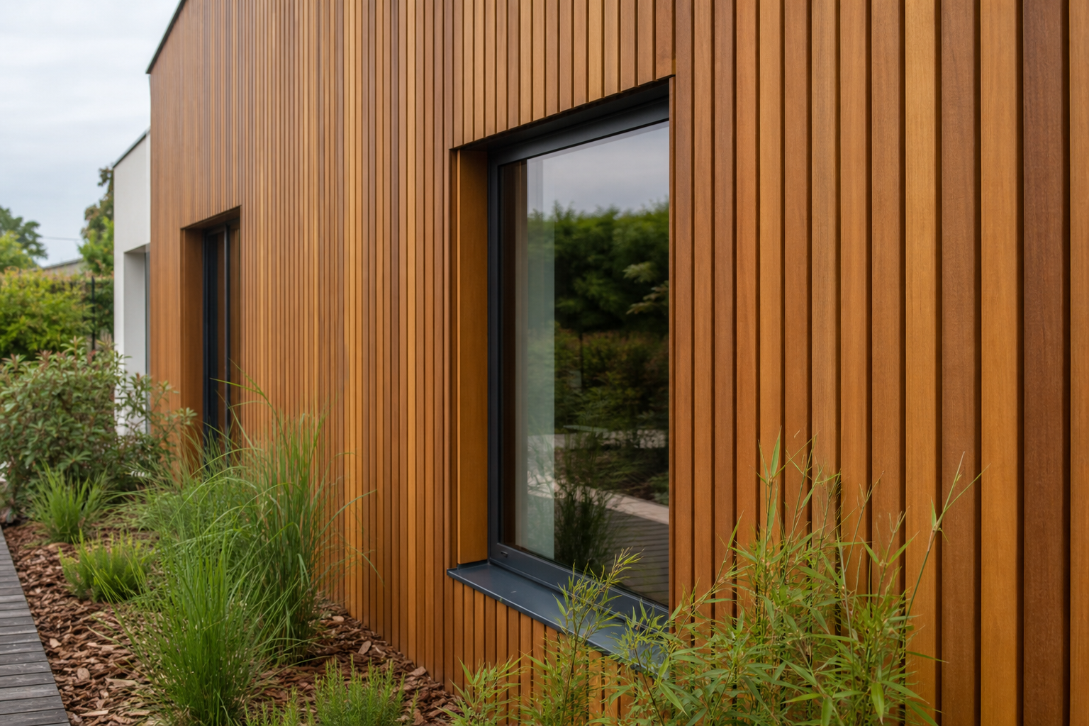 Façade en bois à lames verticales avec fenêtres