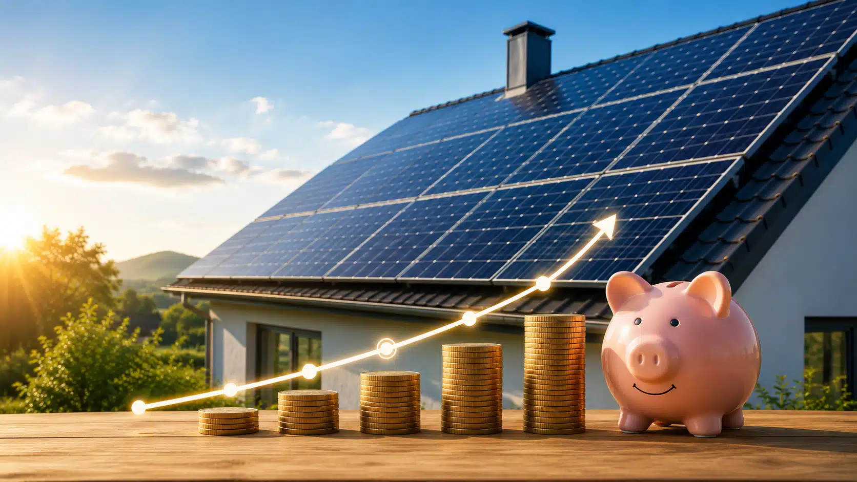 Maison équipée de panneaux solaires dans une ambiance de prospérité et d’énergie durable.