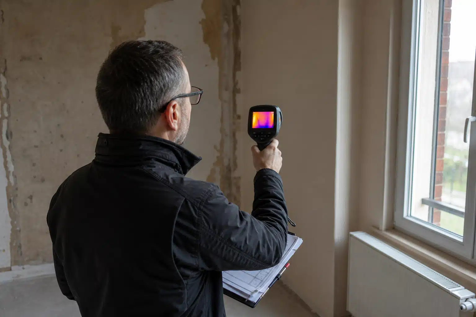 Homme inspectant un mur avec caméra thermique portable