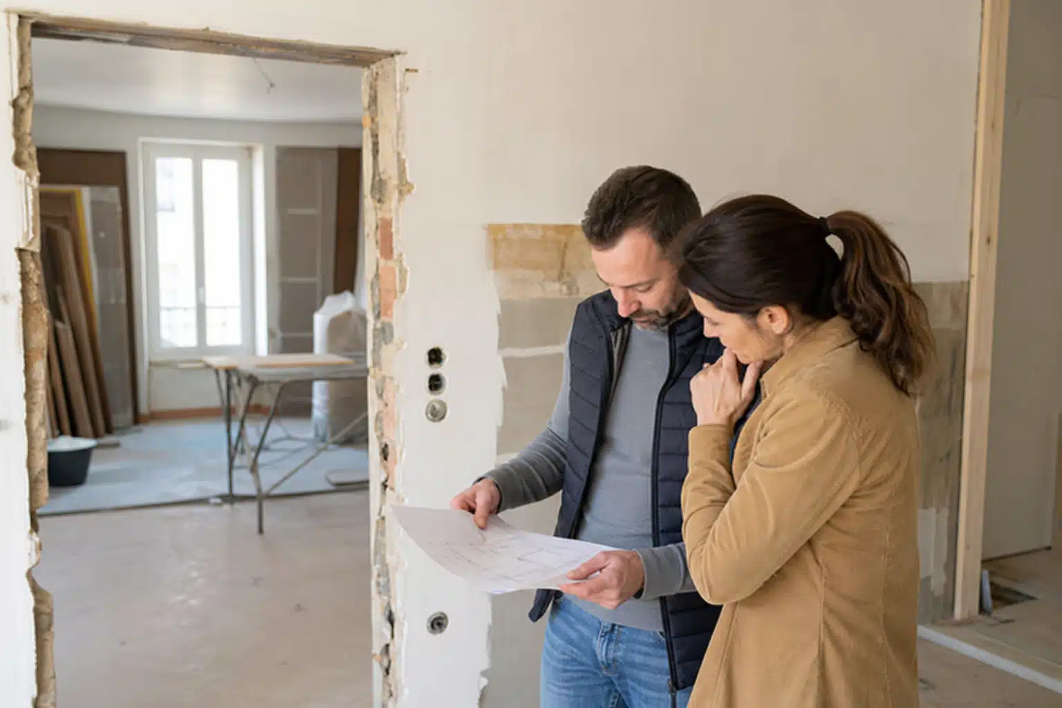 Couple examinant des plans dans une pièce en rénovation