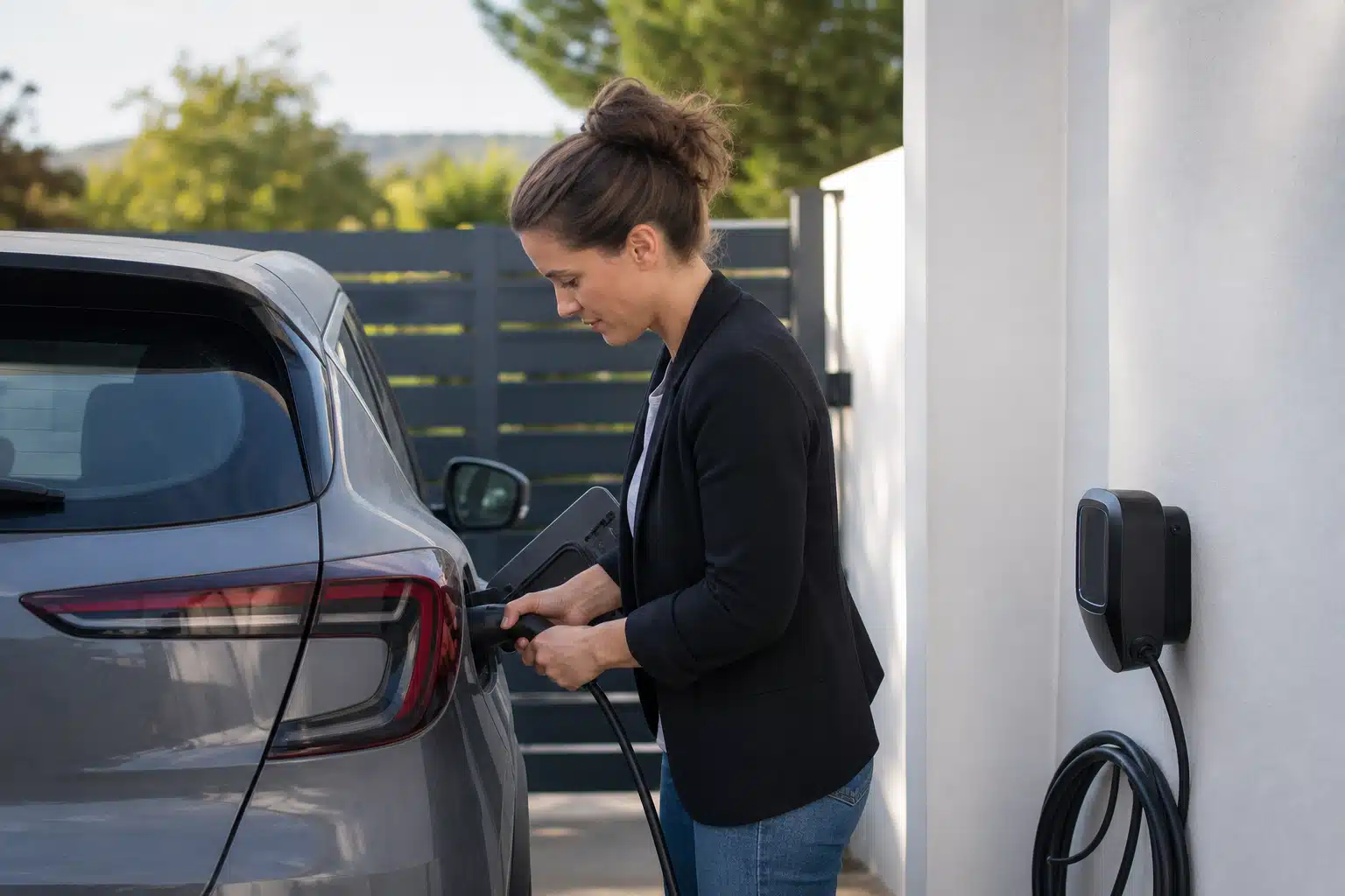 Femme branchant une voiture électrique à une borne