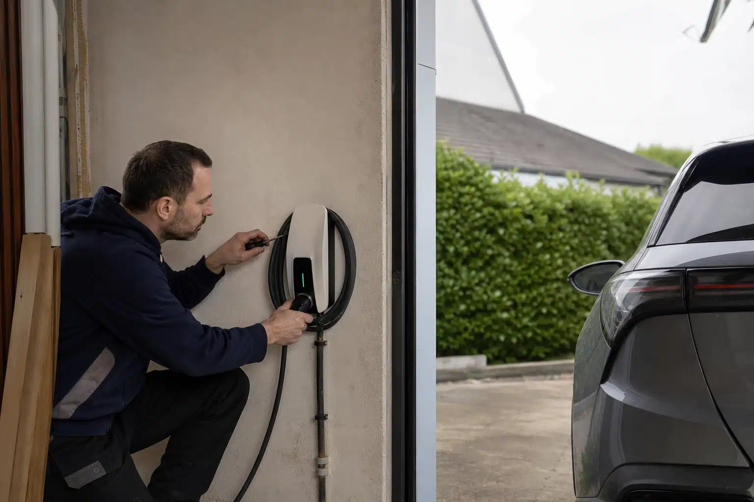 Homme connectant une borne de recharge à une voiture électrique