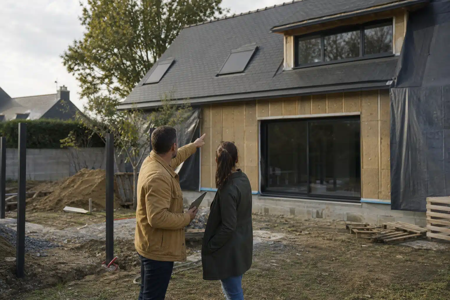 Couple regardant le toit d'une maison à bardage bois